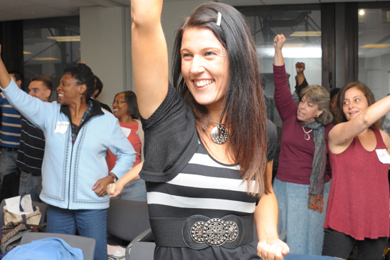 Music teacher Caroline Duggan of PS 59 in the Bronx is delighted to add movement to music. (Miller Photography)