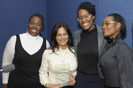 Honoree Marilyn Morales (second from left) of Grade Dodge HS with (from left) Priscilla Nibbs, and Anita Brown and Dimilia Richards of the Success Via Apprenticeship program. Honoree Marilyn Morales (second from left) of Grade Dodge HS with (from left) Priscilla Nibbs, and Anita Brown and Dimilia Richards of the Success Via Apprenticeship program. (Miller Photography)
