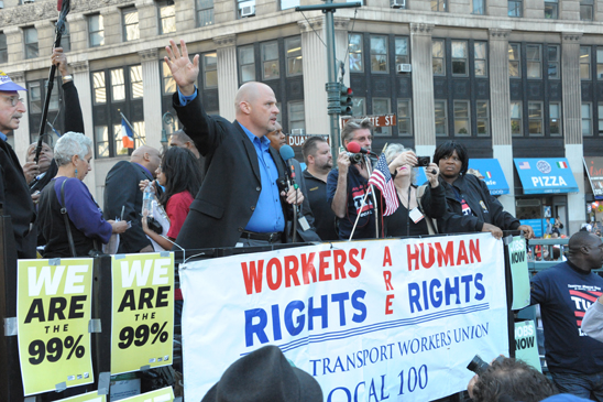 UFT President Michael Mulgrew speaks at the rally at Foley Square before the march. (Miller Photography)