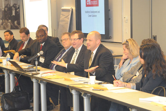 Mulgrew addresses a large group of CTE leaders as they discuss ways to advocate 