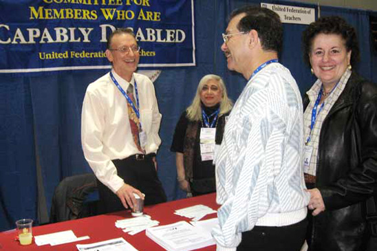 Rubin and Herbst staff the committee’s table at the 2009 NYSUT Representative Assembly in Buffalo on April 2 and 3. Here they chat with UFT staffer Gail Kramer, of the union’s Victim Support Program, and her husband. Rubin and Herbst staff the committee’s table at the 2009 NYSUT Representative Assembly in Buffalo on April 2 and 3. Here they chat with UFT staffer Gail Kramer, of the union’s Victim Support Program, and her husband.
