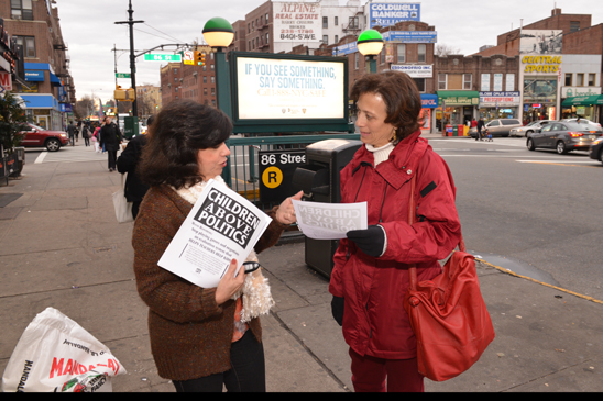 “Children Above Politics” day of action - PS 185, Brooklyn. Diane Savattieri, teacher and Frances Ziska, parent of child at PS 185, Brooklyn. (Miller Photography)