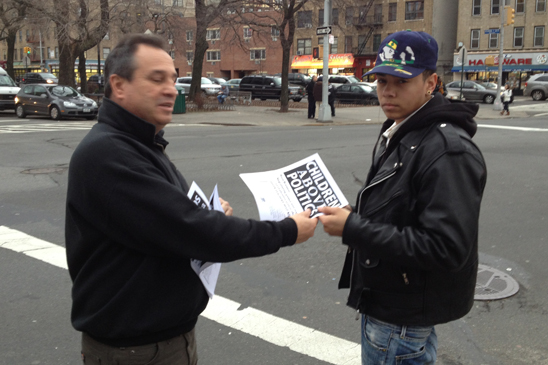 “Children Above Politics” Day of Action - D12 Louis Slattery, Chapter Leader from CS195 in the Bronx, leaflets after school at the corner of Southern Boulevard and East Tremont in the Bronx.