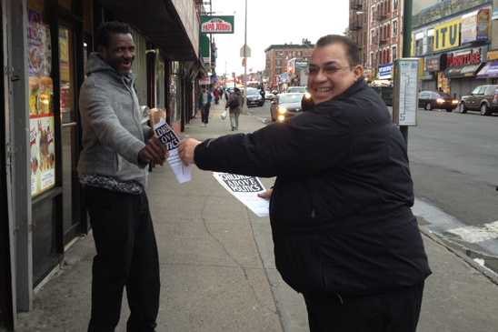 “Children Above Politics” Day of Action - D12 Manny Lopez, Chapter Leader from IS 190 in the Bronx, leaflets after school at the corner of Southern Boulevard and East Tremont in the Bronx.