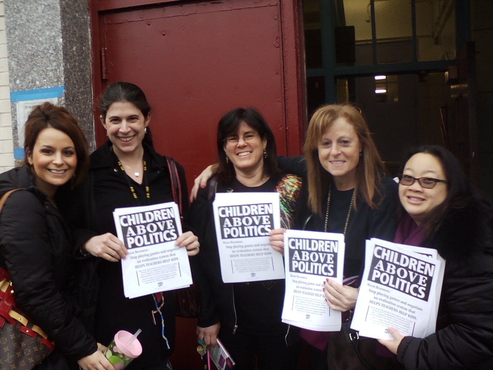 “Children Above Politics” Day of Action - PS 162, Queens - 1 Teachers Lisa Schender, Andrea Cassidy, Terri Ackerman, Chapter Leader Susan Singer, and Jen Leung of PS 162, Queens.