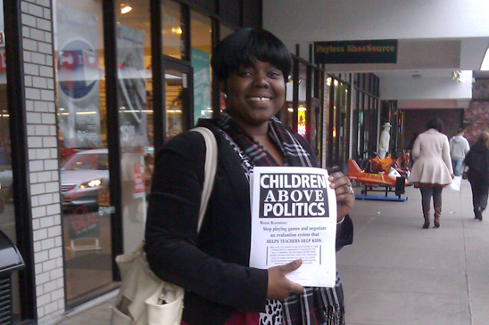 “Children Above Politics” Day of Action - PS 346, Brooklyn - 1 Marcia Julian from PS 346 in Brooklyn handing out fliers at Starret City.