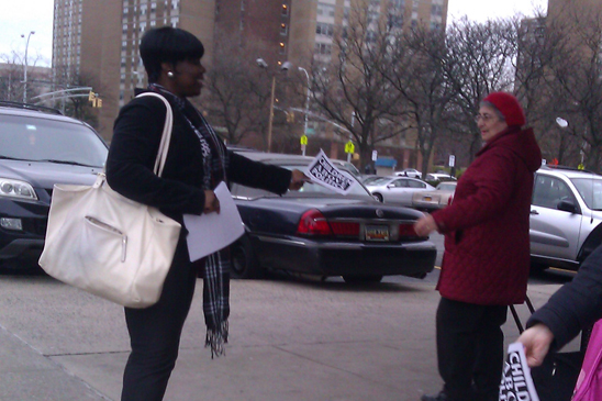 “Children Above Politics” Day of Action - PS 346, Brooklyn - 3 Marcia Julian from PS 346 in Brooklyn handing out fliers at Starret City.