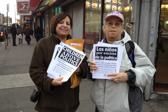 “Children Above Politics” Day of Action - D12 Rita Segarra, Secretary & Delegate from CS66 and Nancy Lieber, Paraprofessional Representative from CS 102, leaflet after school at the corner of Southern Boulevard and East Tremont in the Bronx.