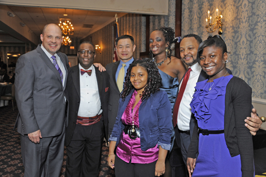 UFT President Michael Mulgrew joins the winners (from left) Colvin, Liu, student Asia Harmon, Hurt, Committee Chair Anthony Harmon and student Candice Huart. (Miller Photography)
