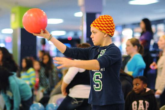 A 5th-grader takes aim at the pins. (Jonathan Fickies)