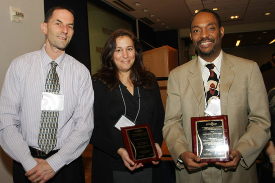 Jeff Moss (left) of PS 101 in Forest Hills, Brett Baron-Marinetti of Long Island City HS and Wylie Burgen of the HS for Math, Science and Engineering at CCNY received the Bernard A. Cohen Award. (Miller Photography)