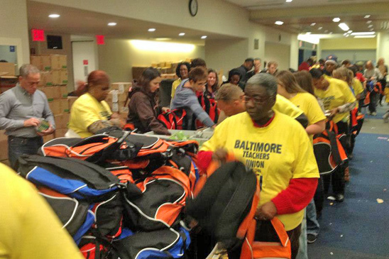Baltimore Teachers Union members on backpack duty. Baltimore Teachers Union members on backpack duty.