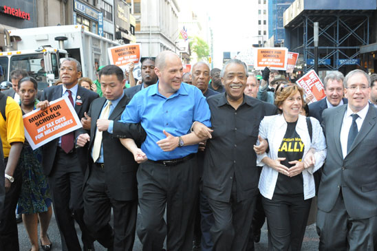 UFT President Michael Mulgrew, at center, leads the march to Wall Street. UFT President Michael Mulgrew, at center, leads the march to Wall Street. (Miller Photography)