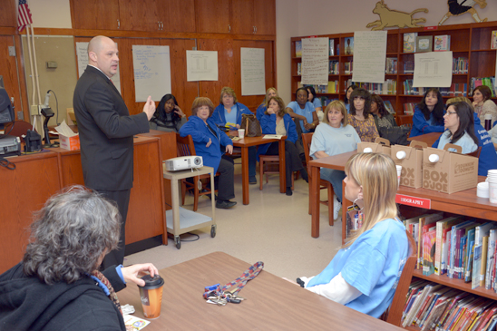 UFT President Michael Mulgrew speaks with the staff of PS 272 in Brooklyn. (Miller Photography)