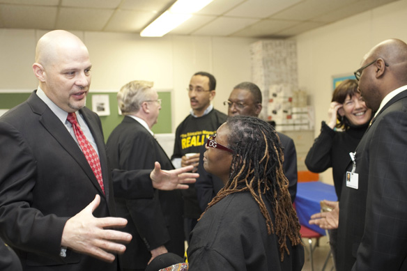 Mulgrew visits PS 53, Brooklyn Mulgrew in discussion with teacher Margaret Wallace. (Dave Sanders)