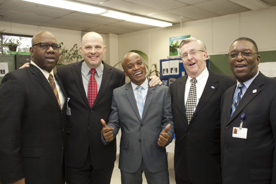 Mulgrew visits PS 53, Brooklyn From left, UFT Staff Director LeRoy Barr, Mulgrew, Chapter Leader Pierre Labissiere, UFT District 75 Representative Walter O’Leary and Reggie Colvin, a special representative and District 75 paraprofessional liaison. (Dave Sanders)
