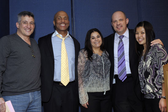Sharing the stage after their well-received TV ad are UFT educators.