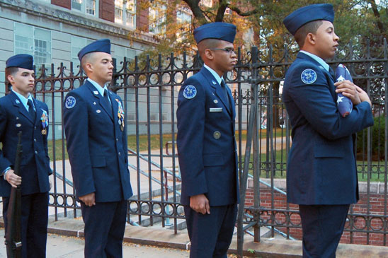 During drill exercises, student commanders call the moves, and the band and drum