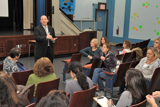 UFT President Michael Mulgrew brings staff at PS 107 up-to-date on education and union issues. UFT President Michael Mulgrew brings staff at PS 107 up-to-date on education and union issues. (Miller Photography)
