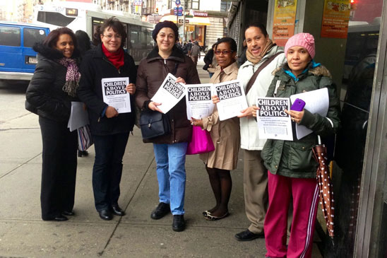 The staff at PS 115 in Manhattan get ready to leaflet at the George Washington Bus Terminal after school. The staff at PS 115 in Manhattan get ready to leaflet at the George Washington Bus Terminal after school.