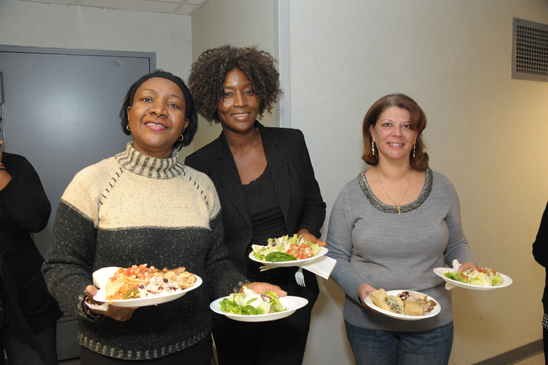From left, school nurse Claudia Richardson-Byam from Hillcrest HS in Jamaica, school nurse Sherry Lewis-Branch of PS 37 in Jamaica, and paraprofessional Marcelle Dimyan from Hillcrest HS. (Miller Photography)