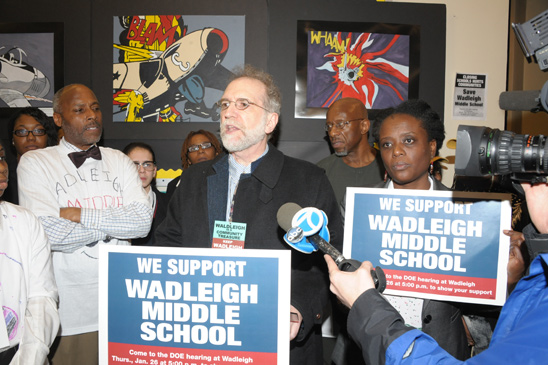 UFT Vice President Leo Casey blasts the DOE for its plans to eliminate Wadleigh’s middle grades. UFT Vice President Leo Casey blasts the DOE for its plans to eliminate Wadleigh’s middle grades. (Miller Photography)