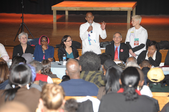 Anthony Klug, the school’s outspoken UFT chapter leader, challenged Shael Polakow-Suransky, the DOE’s chief academic officer, on the amount of support the struggling school had received from the DOE. “In the morning either I’m going to wake up a liar or, respectfully, you are, sir,” he told Polakow-Suransky. Anthony Klug, the school’s outspoken UFT chapter leader, challenged Shael Polakow-Suransky, the DOE’s chief academic officer, on the amount of support the struggling school had received from the DOE. “In the morning either I’m going to wake up a liar or, respectfully, you are, sir,” he told Polakow-Suransky. (Miller Photography)