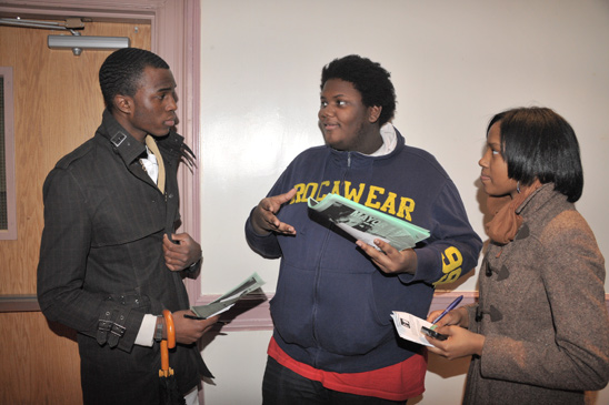 Jamal Augustin (left), a junior at Wadleigh and a leader in the fight to save his school’s middle grades, chats with Tyler Jones and Justine Watson, both students at Legacy HS, which is facing a similar battle with the DOE. Jamal Augustin (left), a junior at Wadleigh and a leader in the fight to save his school’s middle grades, chats with Tyler Jones and Justine Watson, both students at Legacy HS, which is facing a similar battle with the DOE. (Miller Photography)
