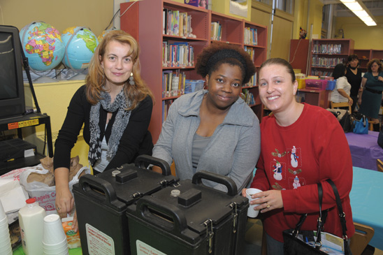 From left, Ismeta Music, a paraprofessional at PS 197 with her teacher colleagues Kerri Little and Lisa DeChirico grab a coffee for the early morning meeting. From left, Ismeta Music, a paraprofessional at PS 197 with her teacher colleagues Kerri Little and Lisa DeChirico grab a coffee for the early morning meeting. (Miller Photography)