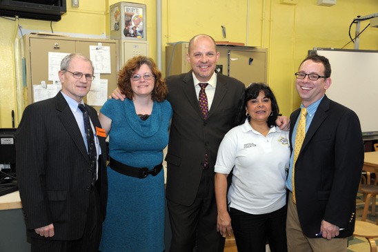 From left, UFT Brooklyn Borough Representative Howie Schoor with Maura Fiquet, the chapter leader at IS 381, Mulgrew, Lucille Mauro, the chapter leader at PS 197, and Alan Abrams, the UFT District 22 representative. From left, UFT Brooklyn Borough Representative Howie Schoor with Maura Fiquet, the chapter leader at IS 381, Mulgrew, Lucille Mauro, the chapter leader at PS 197, and Alan Abrams, the UFT District 22 representative. (Miller Photography)