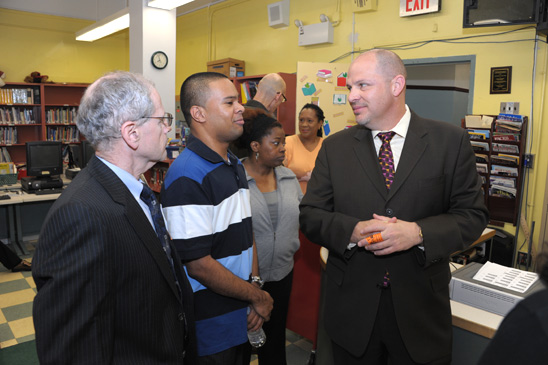 Mulgrew shares a moment with Borough Representative Schoor and James Rabel, a student teacher at MS 381. Mulgrew shares a moment with Borough Representative Schoor and James Rabel, a student teacher at MS 381. (Miller Photography)