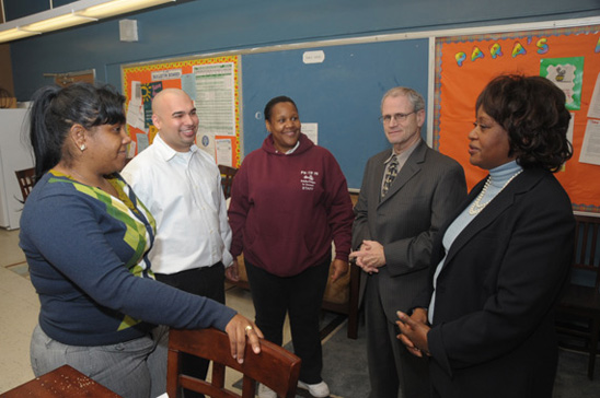 Paraprofessional Yolanda Pardo, UFT Delegate Elvin Padilla, Aracelia Cook, with UFT Brooklyn Representative Howard Schoor and Shelvy Young-Abrams.