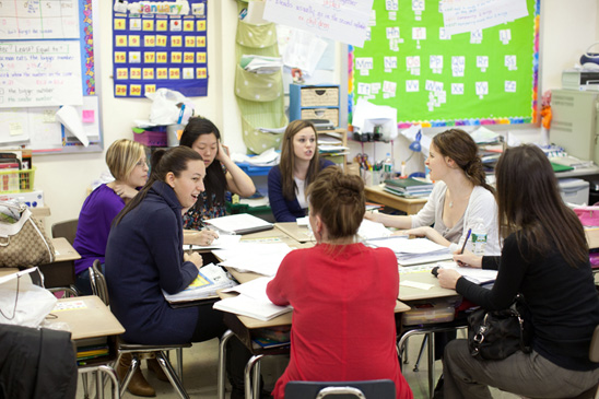 Second grade teachers at PS 172 (clockwise from top,center) Heather Meyer, coach Megan Poliner, Lisa Bongiovi, Gundersen, Lauren Barile, Agata De Guida and Jina KIm confer at their regular grade level meeting — one of the reasons for the school’s academic achievement. PS 172, Brooklyn: Second grade teachers at PS 172 (clockwise from top,center) Heather Meyer, coach Megan Poliner, Lisa Bongiovi, Gundersen, Lauren Barile, Agata De Guida and Jina KIm confer at their regular grade level meeting — one of the reasons for the school’s academic achievement. (Miller Photography)