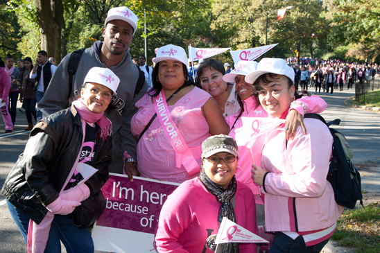 Making Strides Walk 2012 - Manhattan PS 182, the Bilingual Bicultural Mini School, Manhattan, is represented by Debbie Reyes, Chapter Leader Rachel Cotto-Berrios (studded cap), Millie Santiago (pink scarf) and Carmen Rodriguez (white hat) at the Making Strides Walk in Central Park. (Pat Arnow)