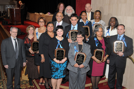 Albert Lee Smallheiser Awards Albert Lee Smallheiser Awards
not in photo order: Zina Burton-Myrick, Alice Cooper-Jackson, Sandra Flecha, Michael Friedman, Diane Mazzola, Emma Mendez, Frank Panebianco, Nanette Rosario-Sanchez, Bonnie Sepulveda and Ualin Smith, with Mulgrew, Engler, Grievance Director Ellen Procida and UFT borough representatives. (Miller Photography)