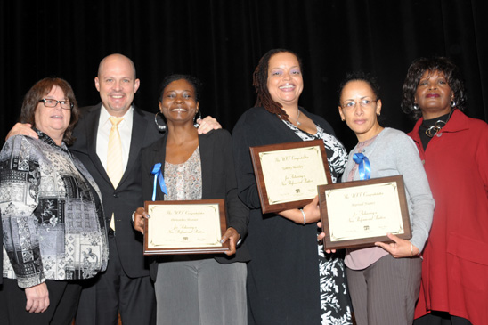 Paraprofessionals who became teachers Paraprofessionals who became teachers: Paraprofessionals Chapter First Vice Chair Doreen Raftery (left) and Mulgrew with awardees (with plaques, from left) Doretha Hunter, Tammy Beasley and Marisol Nuñez, and Paraprofessionals Chapter Chair Shelvy Young-Abrams (right). Not pictured are Sophia Bradshaw, Ingrid McLean Samuels, Shaneeka Reid-Yates, Michael Rossicone, Anita Kallinicos and Joy Emenogu. (Miller Photography)