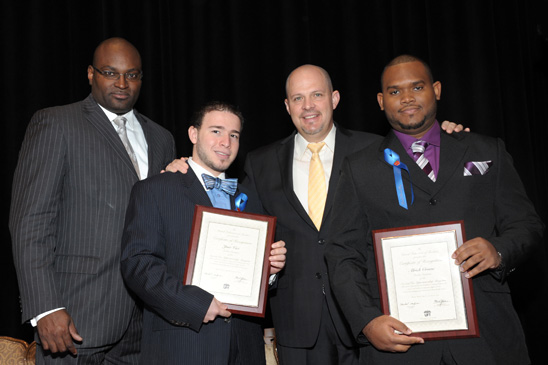 SVAs who have become teachers SVAs who have become teachers: UFT Vice President for Career and Technical Education High Schools Sterling Roberson (left) and Mulgrew with awardees (holding plaques, from left) Jose Vaz and Alrick Crowe. Not pictured is Javaughn Vassel. (Miller Photography)