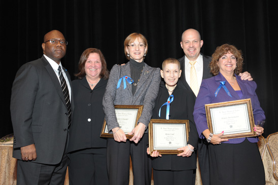 20-year chapter leaders 20-year chapter leaders: Staff Directors LeRoy Barr and Engler and Mulgrew with recipients (holding plaques, from left) Karen Schneider, Rena Liad and Mindy Bornemann. (Miller Photography)