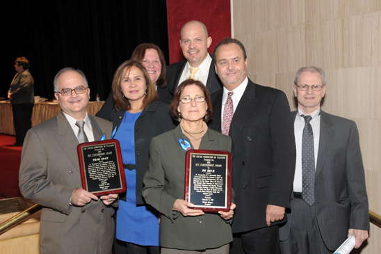 Partnership Award - Brooklyn Partnership Award - Brooklyn: Honorees are (front row, from left) PS/IS 384 Chapter Leader Victor Victoria and Principal Brunhilda Perez, and Chapter Leader Marilyn Dashman and Principal Brian Leavy DeVale, with Engler, Mulgrew and Brooklyn Borough Representative Howard Schoor. (Miller Photography)
