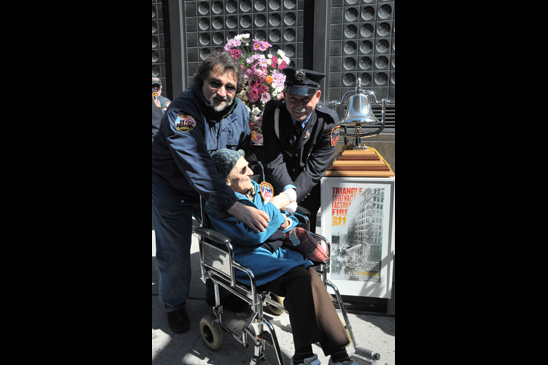 Peter Sanchirico brought his 96-year-old mother Mary to the commemoration. She wanted to attend because “her mother and two sisters worked at Triangle.” One sister was sick that March 25 day so her mother decided all three would stay home. “That’s why they lived,” he said. “It was important to her that we all know that story.” Peter Sanchirico brought his 96-year-old mother Mary to the commemoration. She wanted to attend because “her mother and two sisters worked at Triangle.” One sister was sick that March 25 day so her mother decided all three would stay home. “That’s why they lived,” he said. “It was important to her that we all know that story.” (Miller Photography)