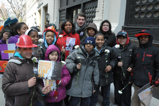 PS 188, Manhattan students and teacher Edward Hambleton and UFT Vice President for Elementary Schools Karen Alford at the site of the fire. PS 188, Manhattan students and teacher Edward Hambleton and UFT Vice President for Elementary Schools Karen Alford at the site of the fire. (Miller Photography)