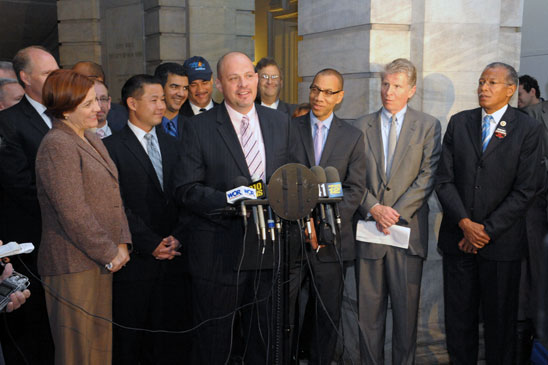 UFT President Michael Mulgrew at a press conference at City Hall on Oct. 19 to a