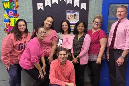 UFT  members are united in pink at PS 119 in the  Bronx.