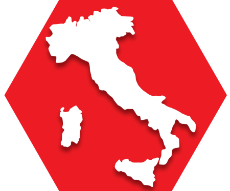 Hexagon with red background and map of Italy