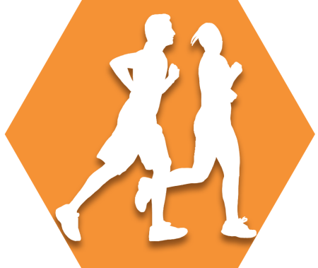 Orange hexagon with symbol of two runners representing UFT Runners Committee