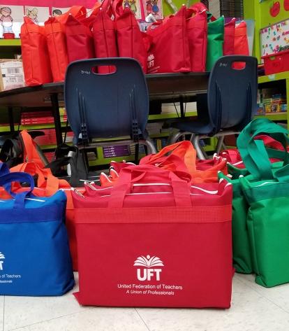 The tote bags are full of school supplies for every teacher.