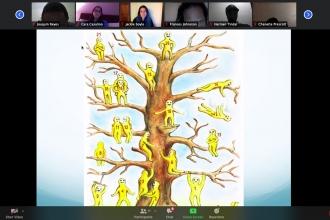 Picture of tree with number figures and people on a Zoom call