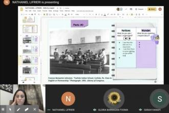 Online classroom with presenters slide displayed