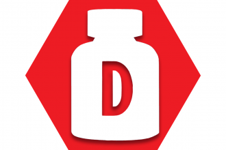Red hexagon with prescription bottle with D on it