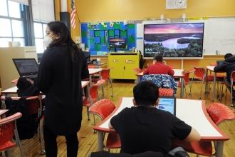 STEM teacher Sharjana Rohman leads her 6th-grade class at JHS 259 in Brooklyn on Feb. 25.